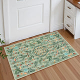 Covaba boho insect botanical floral doormat in fern green, styled in a room setting, view 2