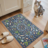 Covaba boho insect botanical floral doormat in stormy blue, styled in a room setting, view 3