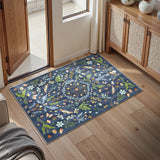 Covaba boho insect botanical floral doormat in stormy blue, styled in a room setting, view 2