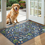 Covaba boho insect botanical floral doormat in stormy blue, styled in a room setting, view 4