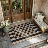Covaba checkered easy jute natural indoor/outdoor doormat in ink black, styled in a room setting, view 4