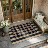 Covaba geometric checkered easy jute indoor/outdoor doormat in coffee brown, styled in a room setting, view 4