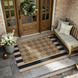 Covaba geometric checkered easy jute indoor/outdoor doormat in dune khaki, styled in a room setting, view 2