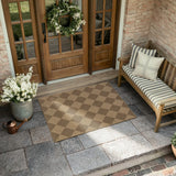 Covaba geometric checkered easy jute indoor/outdoor doormat in dune khaki, styled in a room setting, view 3