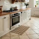 Covaba geometric checkered easy jute indoor/outdoor doormat in dune khaki, styled in a room setting