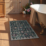 Covaba ultra-thin vintage floral moroccan trellis doormat in ink black, styled in a room setting, view 5
