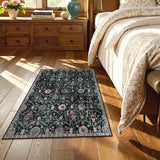 Covaba ultra-thin vintage floral moroccan trellis doormat in ink black, styled in a room setting, view 4