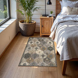 Covaba ultra-thin vintage floral moroccan trellis doormat in pearl grey, styled in a room setting, view 3