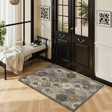 Covaba ultra-thin vintage floral moroccan trellis doormat in pearl grey, styled in a room setting, view 2