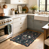 Covaba maximalist unicorn garden scalloped doormat in ink black, styled in a room setting, view 3