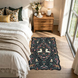 Covaba maximalist unicorn garden scalloped doormat in ink black, styled in a room setting, view 2