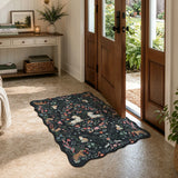 Covaba maximalist unicorn garden scalloped doormat in ink black, styled in a room setting, view 4