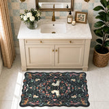 Covaba maximalist unicorn garden scalloped doormat in ink black, styled in a room setting