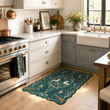 Covaba maximalist unicorn garden scalloped doormat in forest fern, styled in a room setting, view 2