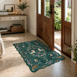 Covaba maximalist unicorn garden scalloped doormat in forest fern, styled in a room setting, view 4