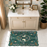 Covaba maximalist unicorn garden scalloped doormat in forest fern, styled in a room setting