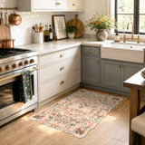 Covaba maximalist unicorn garden scalloped doormat in blush clay, styled in a room setting, view 2