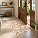 Covaba maximalist unicorn garden scalloped doormat in blush clay, styled in a room setting, view 4