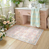 Covaba maximalism vintage french floral doormat in blush clay, styled in a room setting