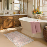 Covaba maximalism vintage french floral doormat in blush clay, styled in a room setting, view 3