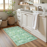 Covaba maximalism vintage french floral doormat in willow sage, styled in a room setting, view 2