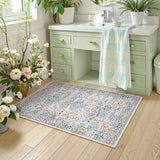 Covaba maximalism vintage french floral doormat in warm beige, styled in a room setting