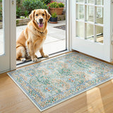 Covaba maximalism vintage french floral doormat in sage mist, styled in a room setting, view 2