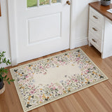 Covaba modern blooming floral garden doormat in warm beige, styled in a room setting
