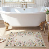 Covaba modern blooming floral garden doormat in warm beige, styled in a room setting, view 2