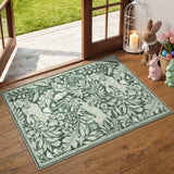 Covaba vintage woodcut forest and rabbit doormat in fern green, styled in a room setting, view 2