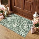 Covaba vintage woodcut forest and rabbit doormat in fern green, styled in a room setting, view 3