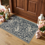 Covaba vintage woodcut forest and rabbit doormat in pearl grey, styled in a room setting, view 4