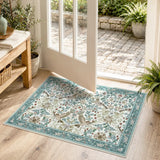 Covaba botanical bird garden chenille doormat in warm beige, styled in a room setting