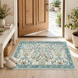Covaba botanical bird garden chenille doormat in warm beige, styled in a room setting, view 4