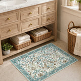 Covaba botanical bird garden chenille doormat in warm beige, styled in a room setting, view 2