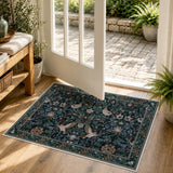 Covaba botanical bird garden chenille doormat in ink black, styled in a room setting