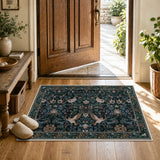 Covaba botanical bird garden chenille doormat in ink black, styled in a room setting, view 4