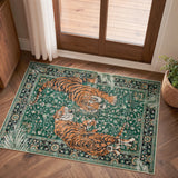Covaba wild tiger doormat in fern green, styled in a room setting, view 3