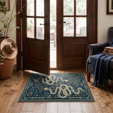 Covaba mystical snake rug in stormy blue, styled in a room setting, view 11