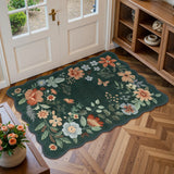 Covaba boho modern parisian floral scalloped doormat in forest fern, styled in a room setting