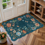 Covaba boho modern parisian floral scalloped doormat in deep navy, styled in a room setting