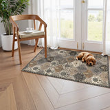 Covaba ultra-thin vintage floral moroccan trellis doormat in pearl grey, styled in a room setting, view 5
