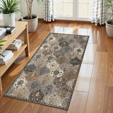 Covaba ultra-thin vintage floral moroccan trellis doormat in pearl grey, styled in a room setting, view 6