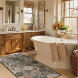 Covaba ultra-thin vintage floral moroccan trellis doormat in pearl grey, styled in a room setting, view 7