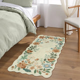 Covaba boho modern parisian floral scalloped doormat in warm beige, styled in a room setting, view 2