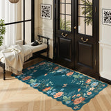 Covaba boho modern parisian floral scalloped doormat in deep navy, styled in a room setting, view 3