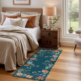 Covaba boho modern parisian floral scalloped doormat in deep navy, styled in a room setting, view 2