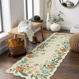 Covaba boho modern parisian floral scalloped runner rug in warm beige, styled in a room setting, view 6
