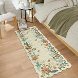 Covaba boho modern parisian floral scalloped runner rug in warm beige, styled in a room setting, view 5