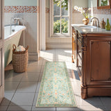 Covaba vintage floral bird runner rug in willow sage, styled in a room setting, view 2
